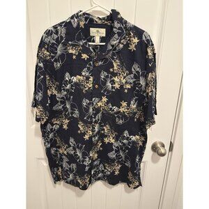 Island Shores Men’s Hawaiian Shirt‎ Navy Blue Linen/Cotton Blend Size Large